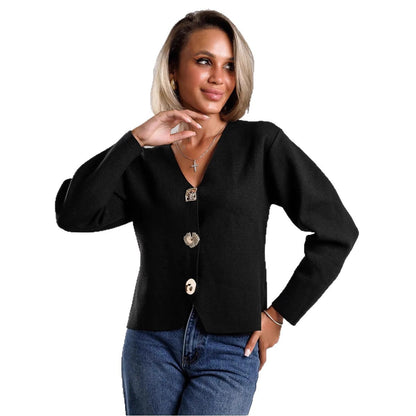 Damen Strickjacke V-Ausschnitt Goldknöpfe Eveloria