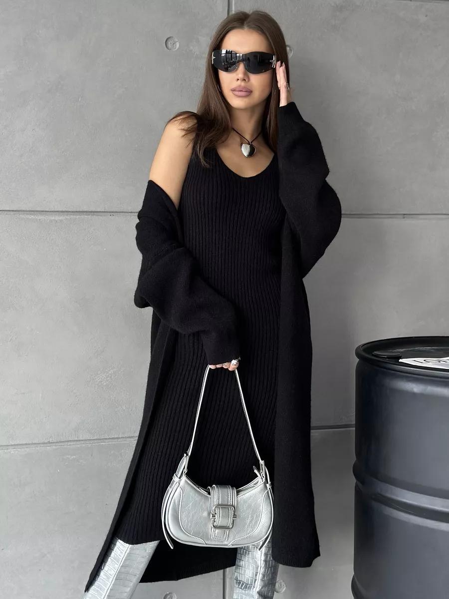 Damen Strickkleid V-Ausschnitt Länges Schnitt