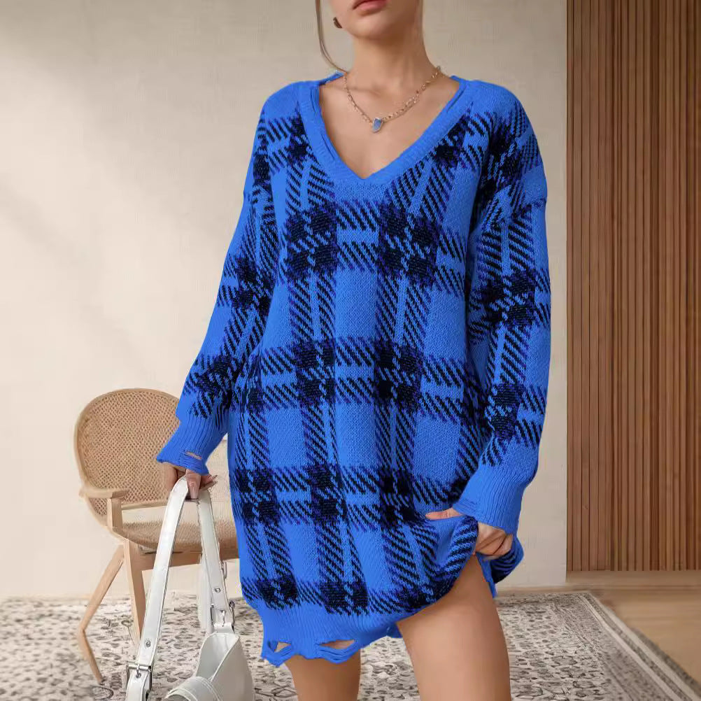 Damen Oversized Pullover V-Ausschnitt Kariert Eveloria