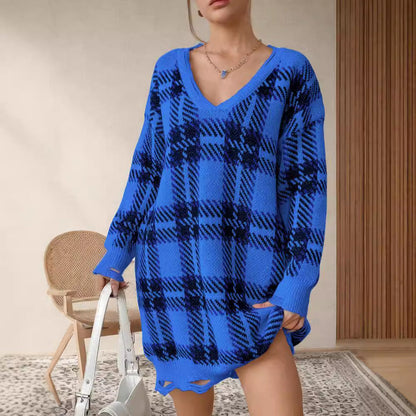 Damen Oversized Pullover V-Ausschnitt Kariert Eveloria
