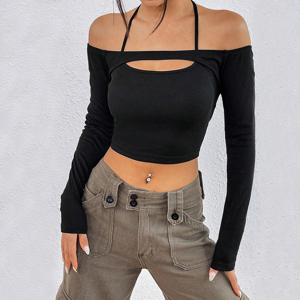 Damen Off-Shoulder Asymmetrisch Langärmlig Crop- Schwarz - Eveloria