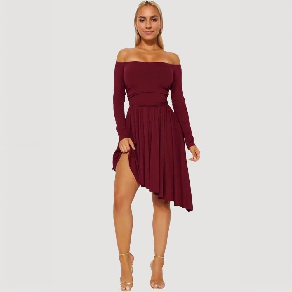 Damen Off-Shoulder Midi-Kleid Asymmetrisch Langärmlig Eveloria