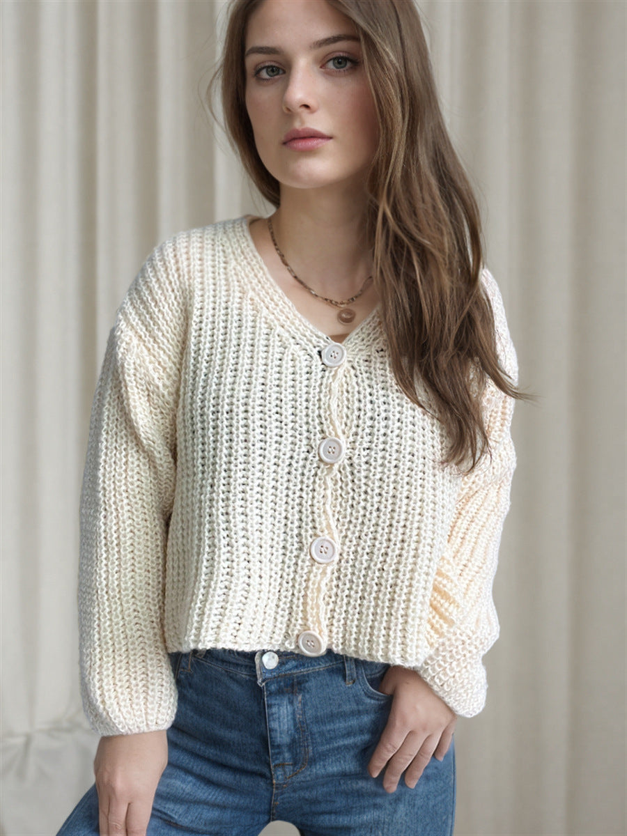 Damen Cropped Strickjacke Grobmaschig Große Knöpfe Beige