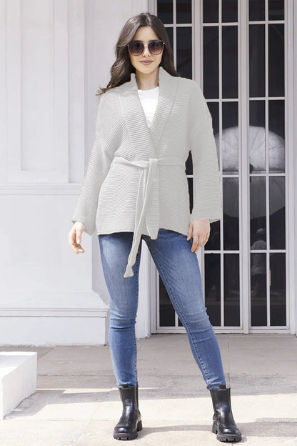 Damen Strickjacke Wickeldesign Bindegürtel Beige Eveloria
