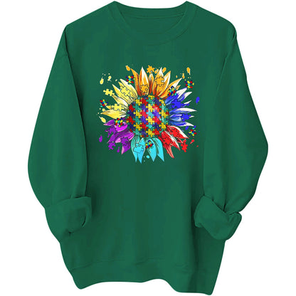 Damen Sweatshirt Puzzle-Blumenmotiv Baumwolle Bequem