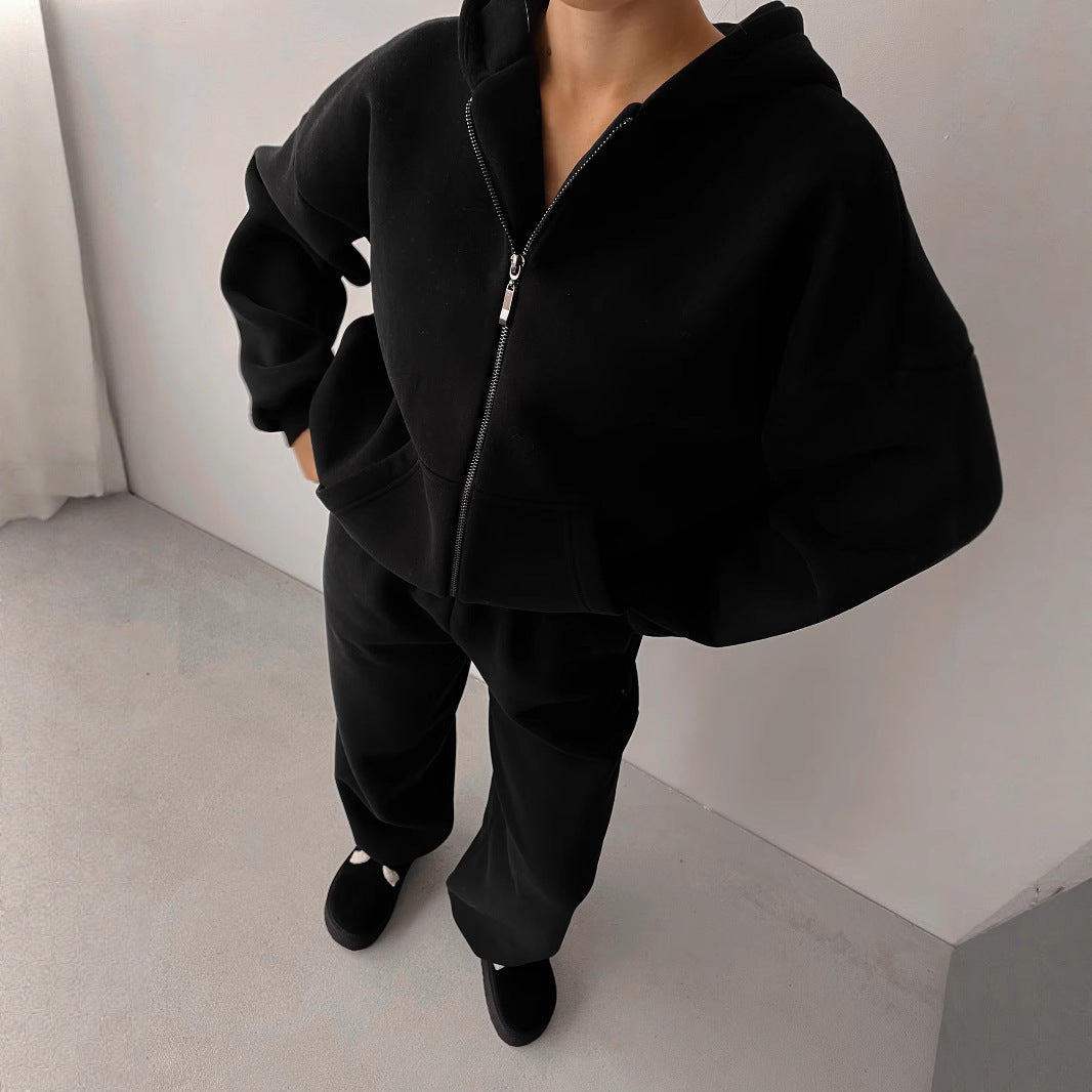 Damen Fleece-Jogginganzug Reißverschluss Weite Hose Eveloria