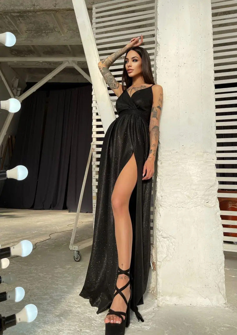 Damen Maxikleid Glitzer Wickeldesign Tiefes Dekolleté