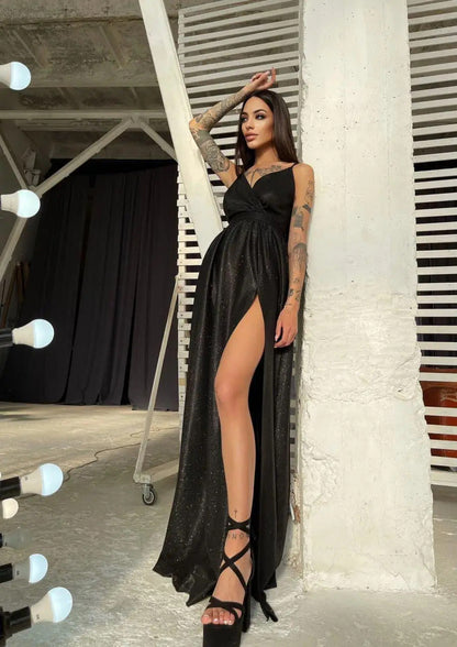 Damen Maxikleid Glitzer Wickeldesign Tiefes Dekolleté