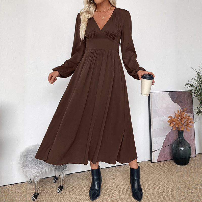 Damen Maxi-Kleid V-Ausschnitt Ballonärmel Eveloria