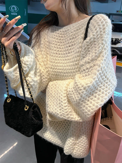 Damen Oversize Pullover Grobgestrickt Weitschnitt Beige