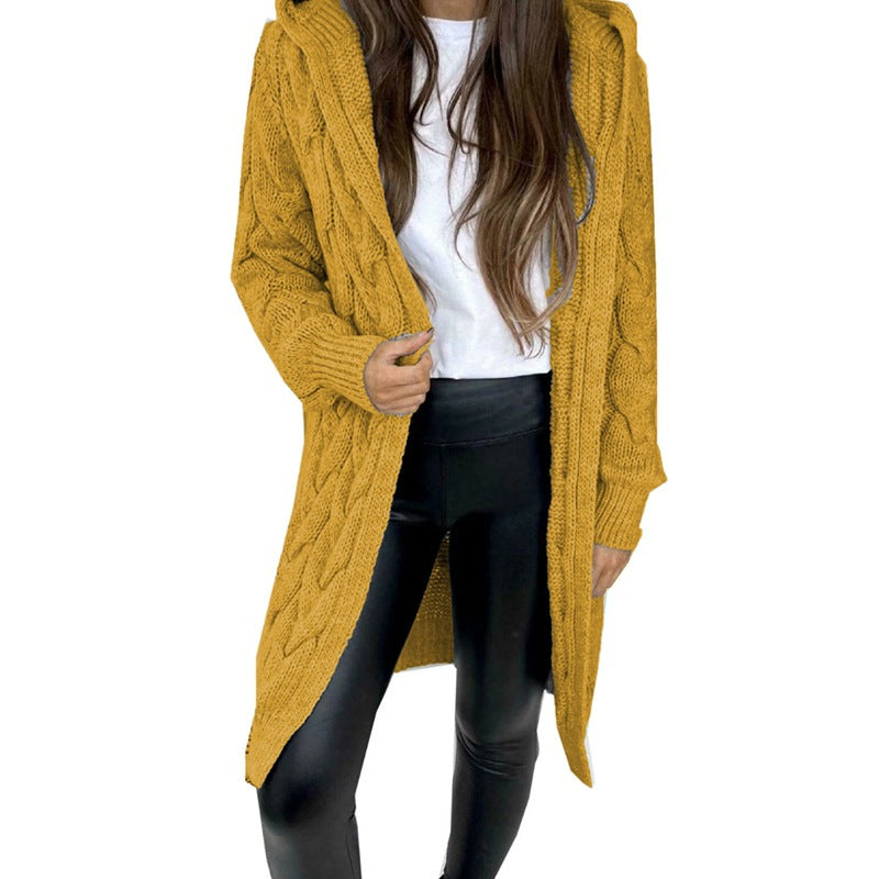 Damen Strickmantel mit Kapuze Kabelmuster Beige