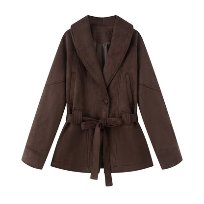 Damen Kunstlederjacke mit Breitem Kragen und Taillengürtel
