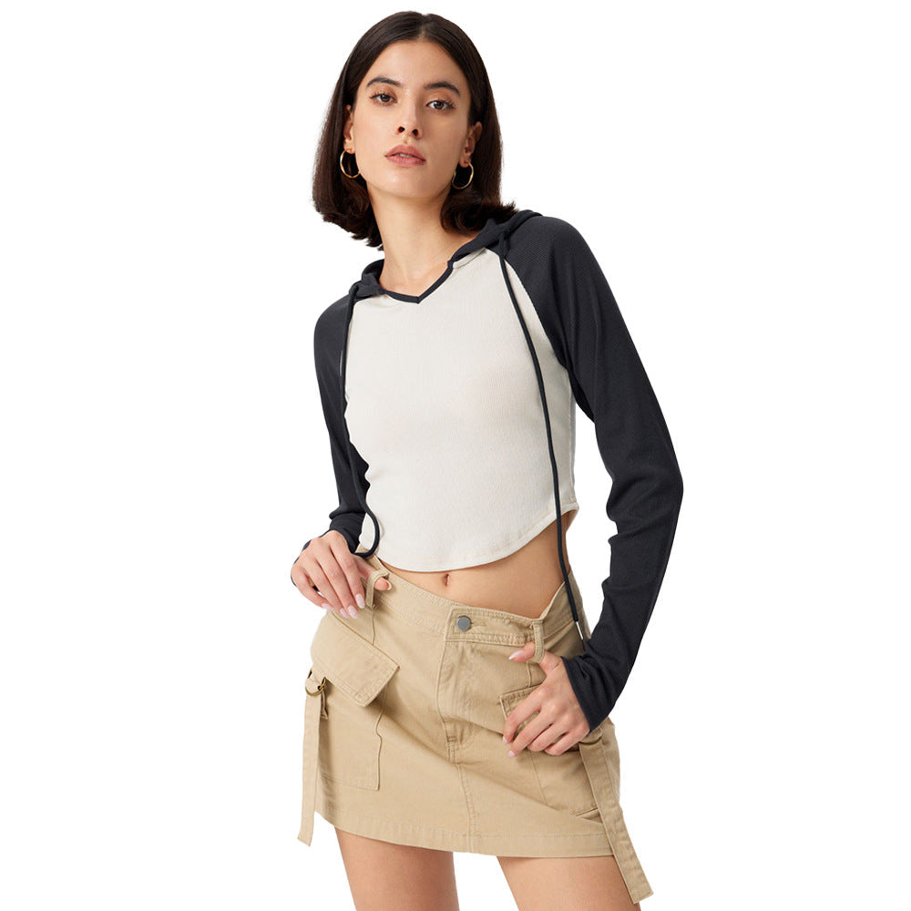 Damen Cropped Sportoberteil Kapuze Längsärmelig Eveloria