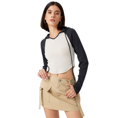 Damen Cropped Sportoberteil Kapuze Längsärmelig Eveloria