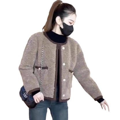 Damen Teddyjacke Kuschelig Knöpfe Beige