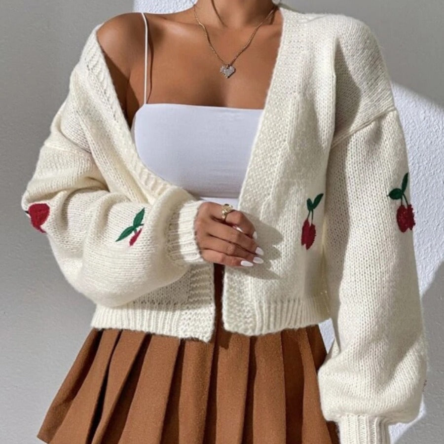 Damen Strickjacke Kuschelig Fruchtstickmuster Weit Eveloria - Eveloria