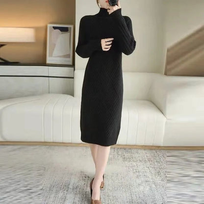 Damen Strickkleid Stehkragen Rippmuster Eveloria