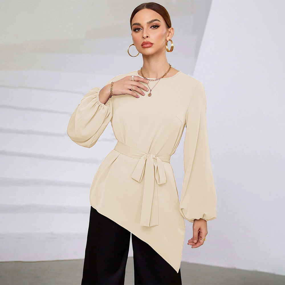 Damen Asymmetrisches Blusen-Shirt mit Taillengürtel Eveloria - Eveloria