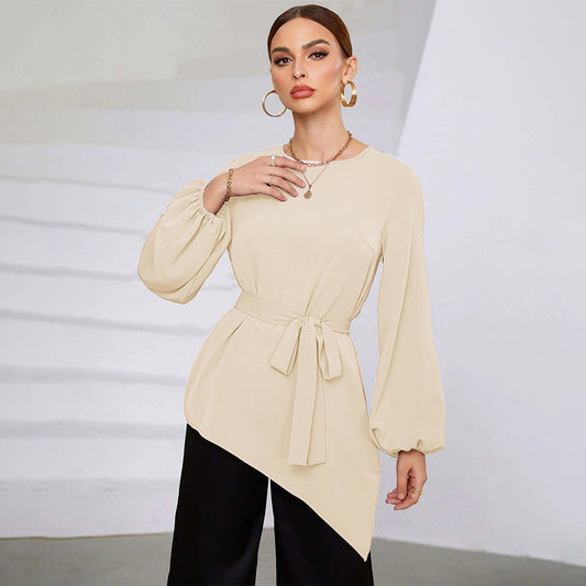 Damen Asymmetrisches Blusen-Shirt mit Taillengürtel Eveloria - Eveloria