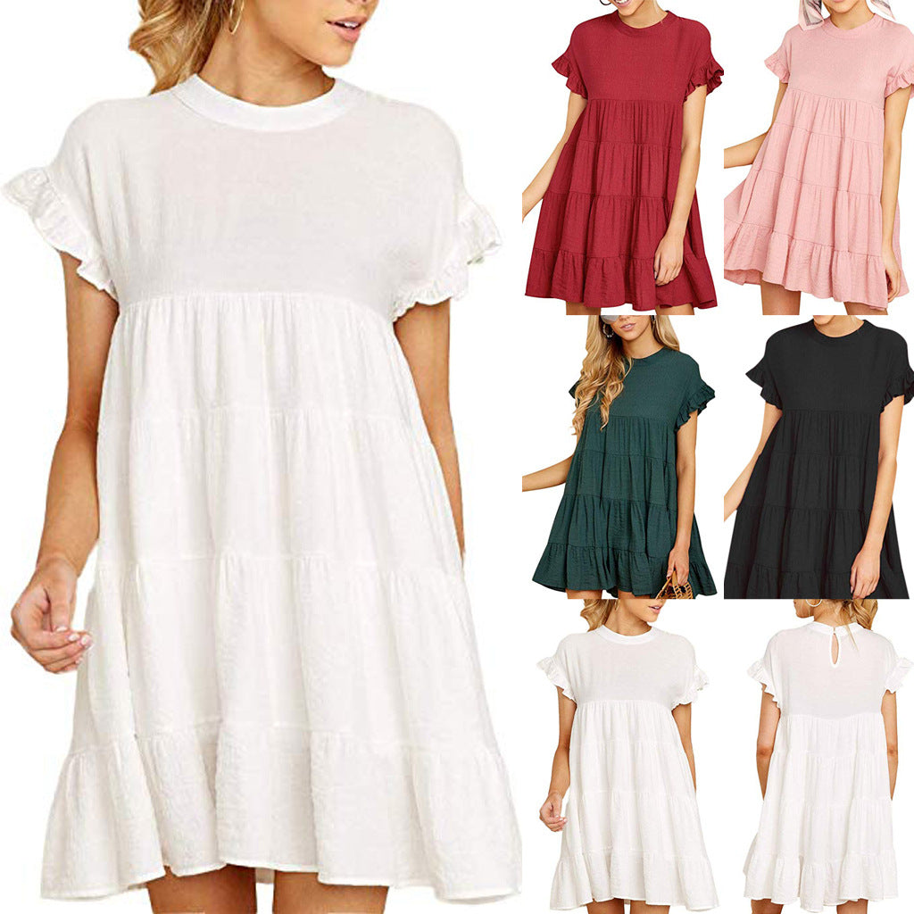 Damen Kurzarm Kleid Rüschendetails Fließender Schnitt Luftig Pastell - Eveloria