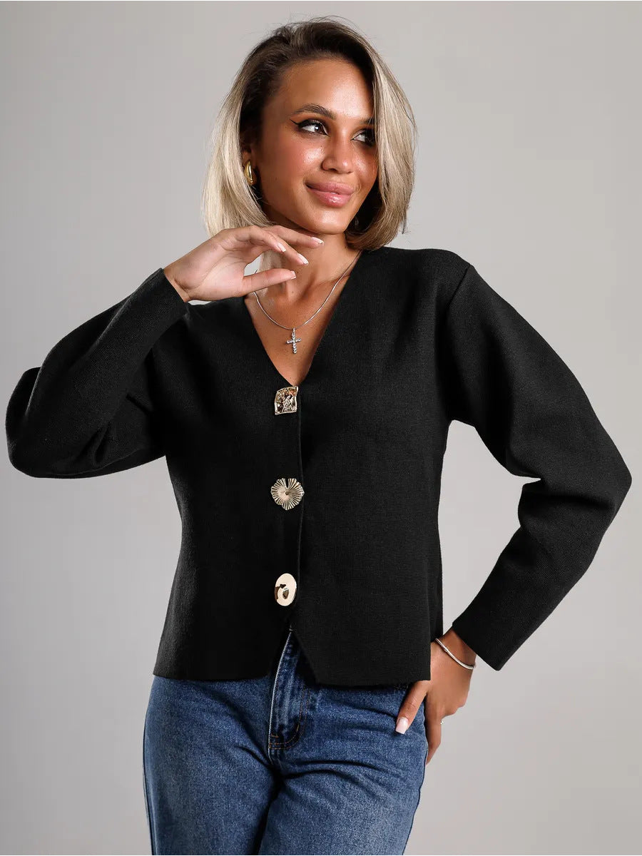 Damen Strickjacke V-Ausschnitt Goldknöpfe Eveloria