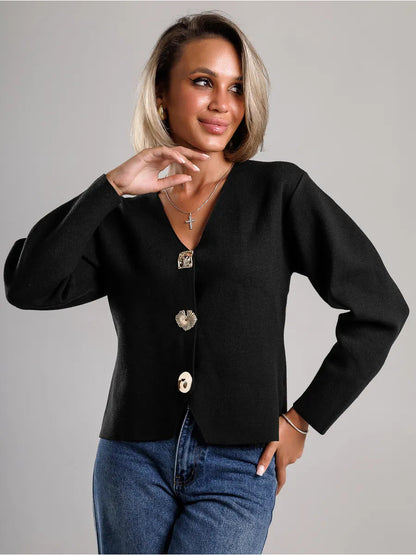 Damen Strickjacke V-Ausschnitt Goldknöpfe Eveloria
