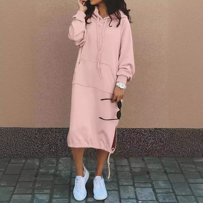 Damen Hoodie-Kleid Baumwolle Eingrifftaschen Regulierbar