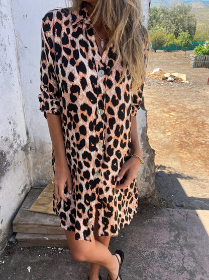 Damen Leopardenmuster Hemdblusenkleid Eveloria