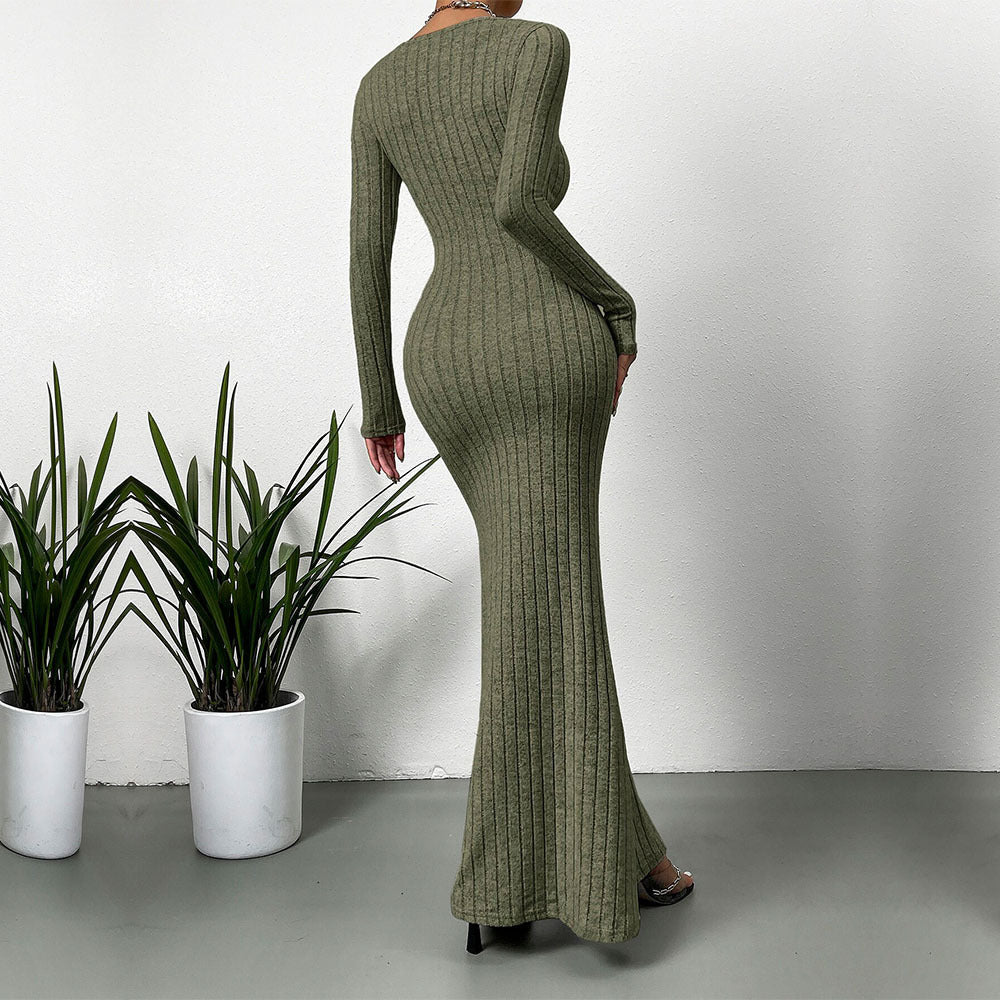 Damen Langarm Maxikleid Rippdesign Elegantes Kleid