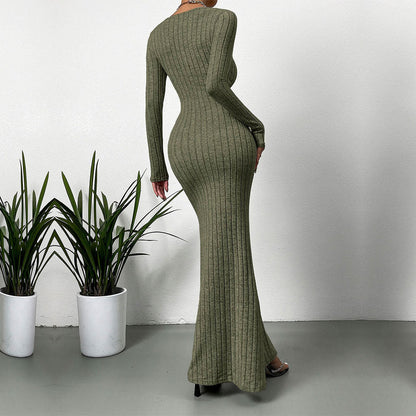 Damen Langarm Maxikleid Rippdesign Elegantes Kleid