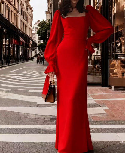 Damen Maxikleid Puffärmel Quadrat-Ausschnitt Eveloria