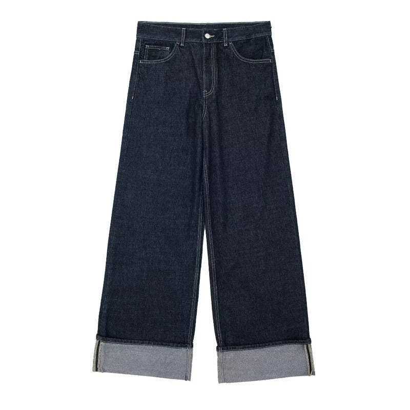 Damen Weite Denimhosen Umschlag-Saum Blau Eveloria