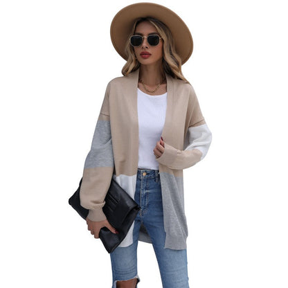 Damen Cardigan Lang Weiches Strickmaterial Farbblock Muster