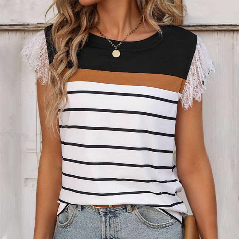 Damen T-Shirt Spitzenärmel Gestreift Weiss - Eveloria