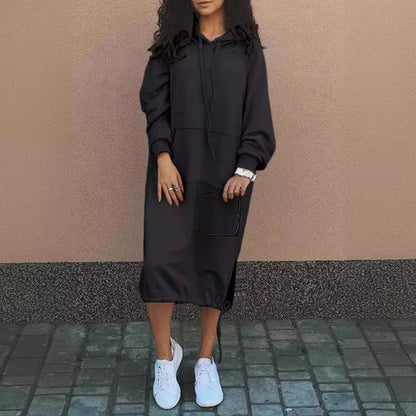 Damen Hoodie-Kleid Baumwolle Eingrifftaschen Regulierbar