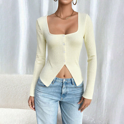 Damen Langarm-Cardigan Lässig Dekorative Knöpfe Beige