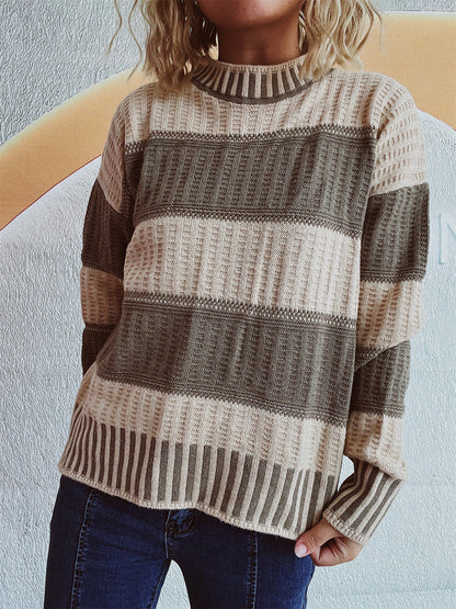 Damen Strickpullover mit Streifenmuster und hohem Bündchen
