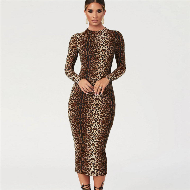 Damen Leopardmuster Kleid Länge Knie Figurbetont mit langen Ärmeln