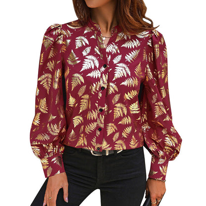 Damen Bluse Puffärmel Blattmuster Eveloria
