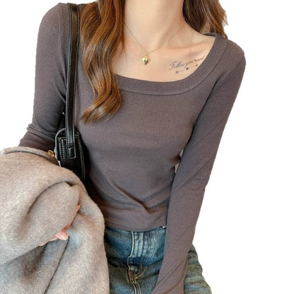 Damen Langarmshirt Quadrat-Ausschnitt Feinrippstrick