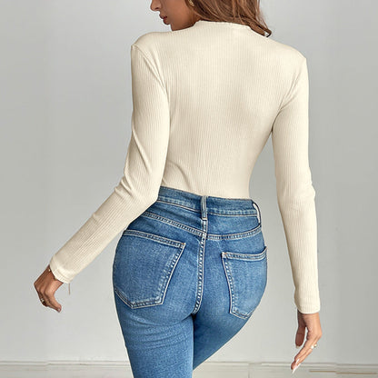 Damen Langarmshirt Rippenstruktur Knöpfe Eveloria