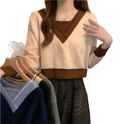 Damen Pullover V-Ausschnitt mit Kontrastdetails