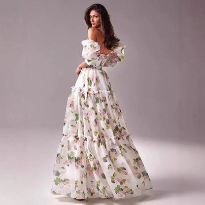 Damen Maxikleid Schulterfrei Rüschenärmel Floralmuster