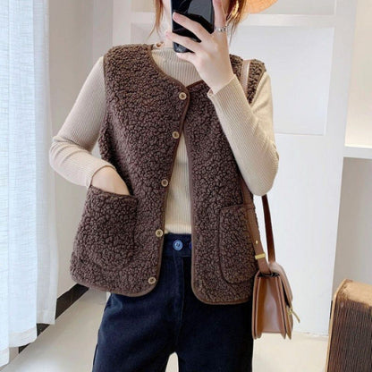 Damen Teddy-Fleeceweste mit Taschen und Knopfverschluss