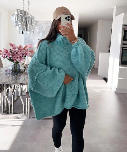 Damen Oversized Strickpullover Hoher Kragen Ballonärmel Eveloria