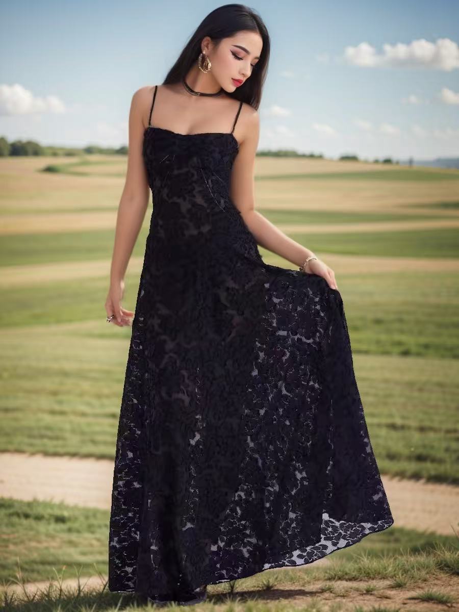 Damen Spitzenkleid Transparent Lang Elegant Eveloria