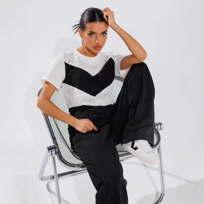 Damen T-Shirt Leichtes Oversized Farbblockdesign Weiß