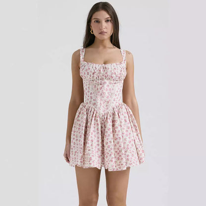 Damen Minikleid Sommer Floral Gerafft