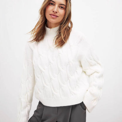 Damen Grobstrickpullover Hohler Kragen Zopfdesign Beige