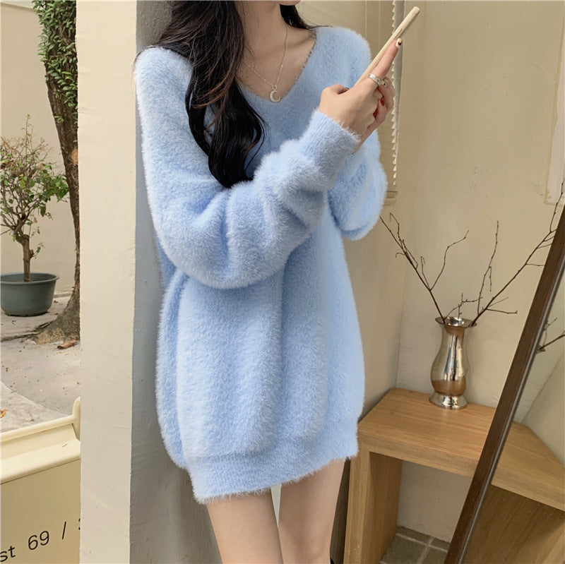 Damen Flauschkleid V-Ausschnitt Länge Knie Langärmlig Eveloria